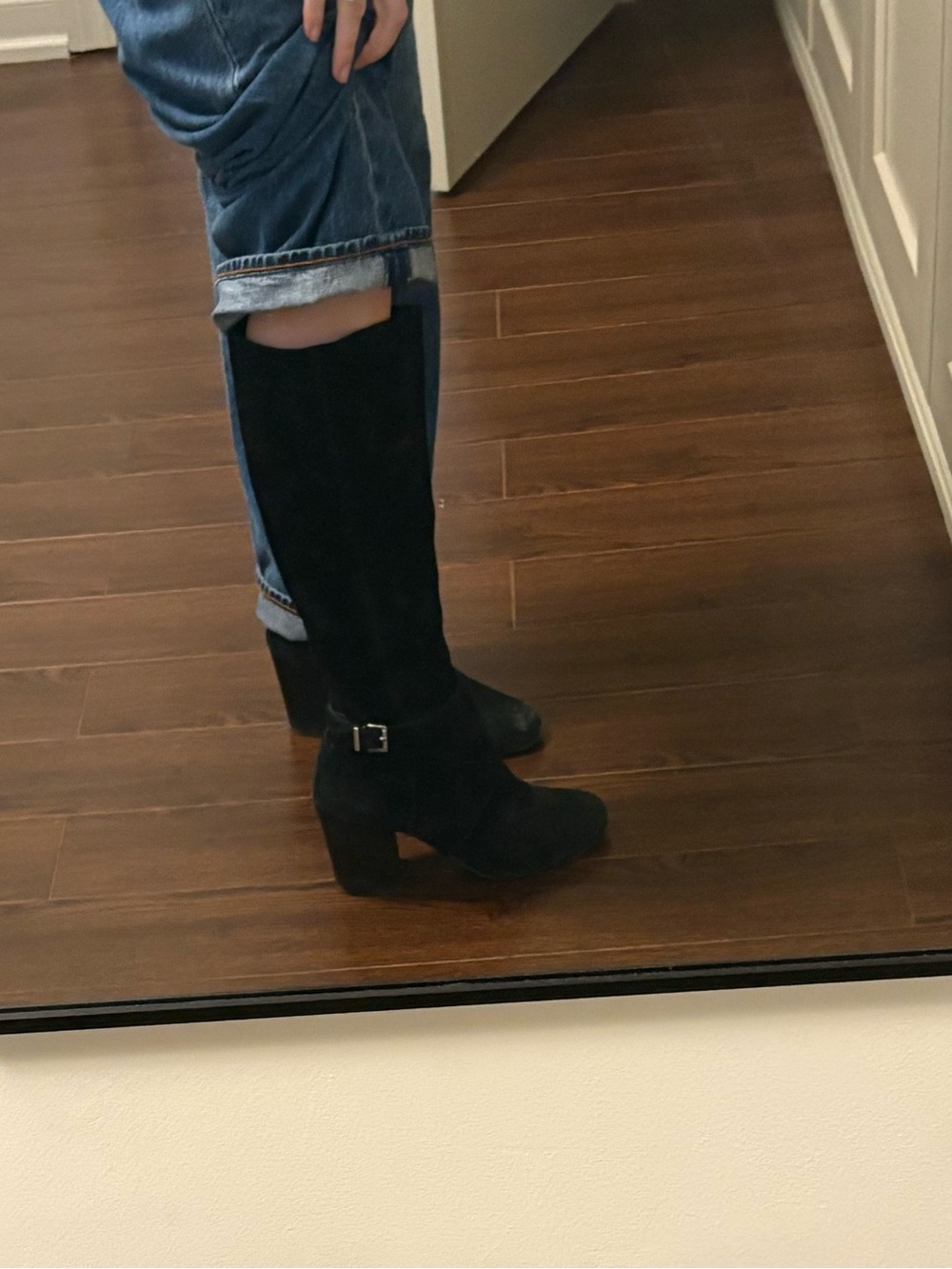 Black Leather Suede Knee Boots